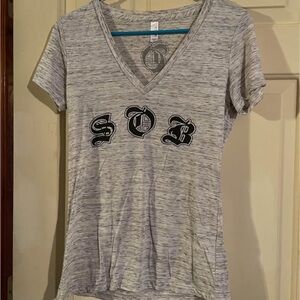 Abella Heather Gray V-Neck Tee with Graphic Letters